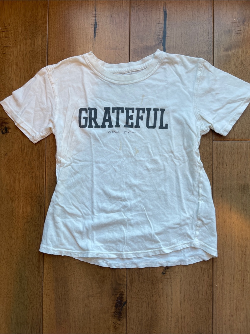 Spiritual Gangster Kids 'GRATEFUL' Tee - White with Black Graphic. Noted flaws.